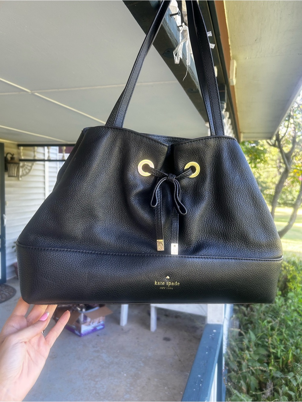 kate spade Black Leather Drawstring Shoulder Bag with Gold Hardware